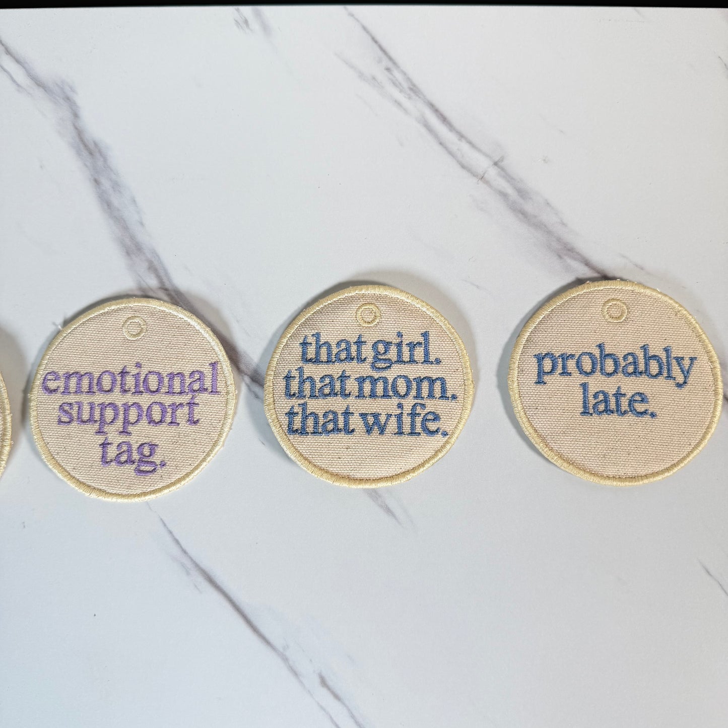 Embroidered Phrase Bag Tag – Tote, Purse & Backpack Accessory – Custom Phrase Option