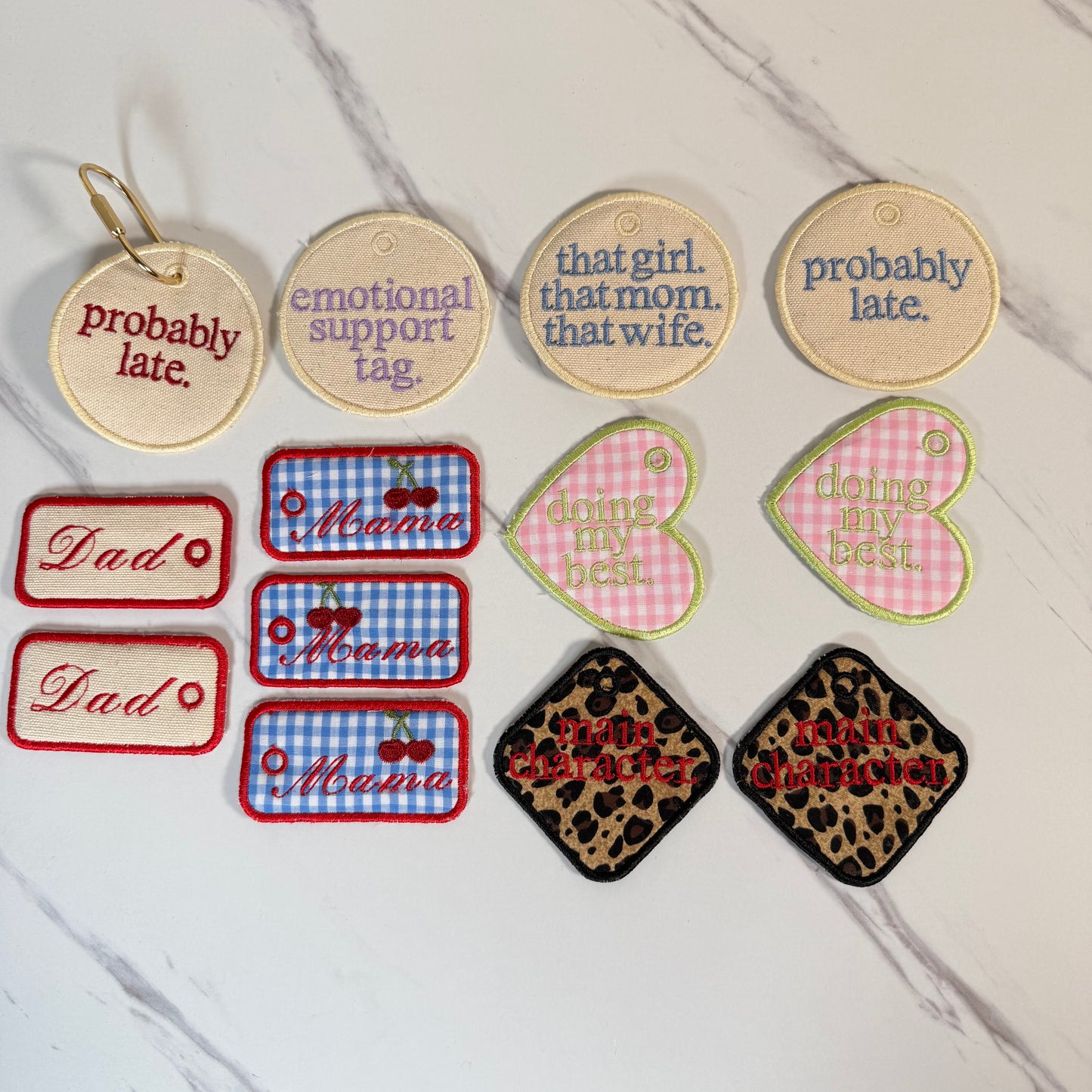 Embroidered Phrase Bag Tag – Tote, Purse & Backpack Accessory – Custom Phrase Option