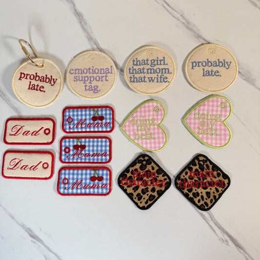 Embroidered Phrase Bag Tag – Tote, Purse & Backpack Accessory – Custom Phrase Option